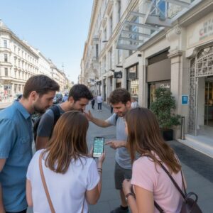 A group of five friends stand together on a sunny sidewalk in Madrid, looking at a smartphone.