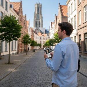 A man playing a city game on his phone in Bruges, with the Church of Our Lady tower in the background.