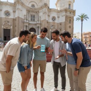 A group of five friends look at a smartphone together in a square in front of Cadiz Cathedral.
