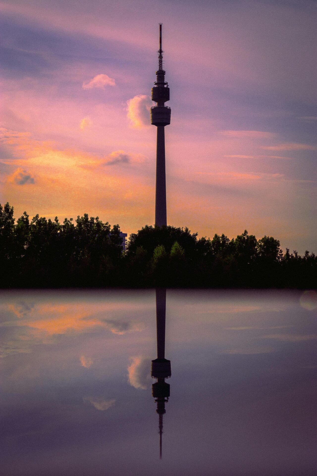 Florianturm Tower at Sunset with Reflection