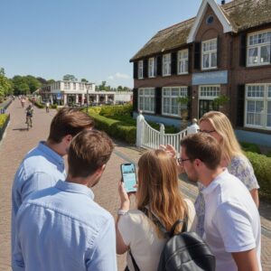A group of friends look at a smartphone together on a brick path in the village of Giethoorn.