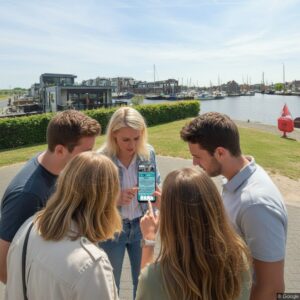 A group of friends stand together looking at a smartphone by the harbor in Bunschoten-Spakenburg.