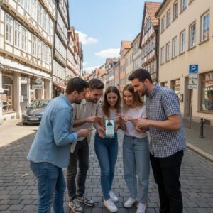 A group of five friends smile while playing a game on a smartphone in the historic Old Town of Hannover.