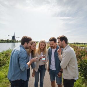 A group of five young people look at a smartphone on a path with a classic Dutch windmill in Kinderdijk.