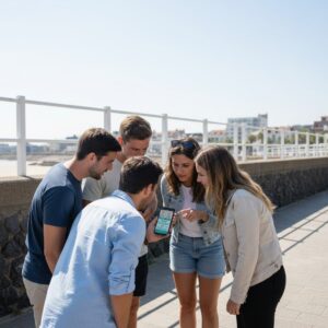 A group of five young friends stand on a sunny boulevard in Scheveningen, looking at a smartphone.