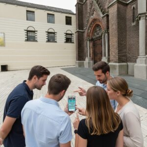 A group of friends play a city game on a smartphone in front of the Heikese Kerk in Tilburg.