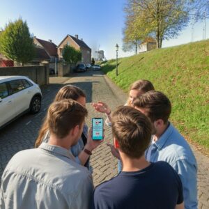 A group of young adults gathered around a smartphone on a cobblestone street in Heusden with a windmill.