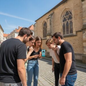 Five young people gathered around a smartphone while playing a city game in Osnabrück near St. Mary's Church.