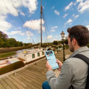 A man sits on a wooden dock in the harbor of Hoorn, using a smartphone with a game on the screen.
