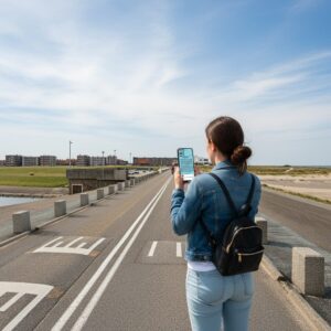 A woman from behind playing a city game on her phone on a coastal road in Katwijk aan Zee.