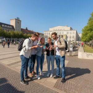 A group of five friends stand together in Leipzig's Augustusplatz square looking at a smartphone.