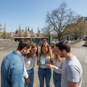 A group of five young friends stand on a cobblestone square in Luxembourg City, looking at a smartphone.