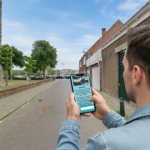 A man holds a smartphone displaying a city game on a brick-paved street in Zierikzee.