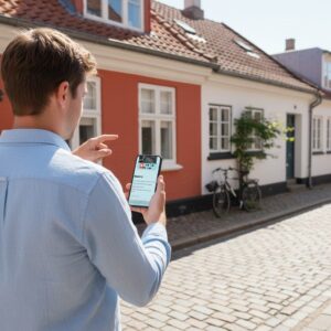 A man stands on a charming cobblestone street in Aalborg, using his smartphone for a city exploration game.