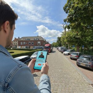A man in a denim jacket plays a city game on his phone along a cobblestone street in Zutphen.