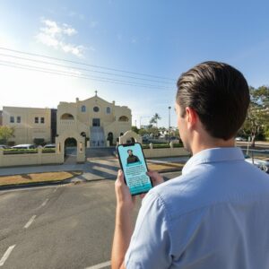 A man looks at his phone while playing a game in front of St. John the Baptist Greek Orthodox Church in Cairns.