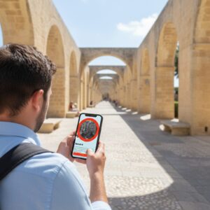 A man seen from behind plays a City Game on his phone at the Upper Barrakka Gardens in Valletta.