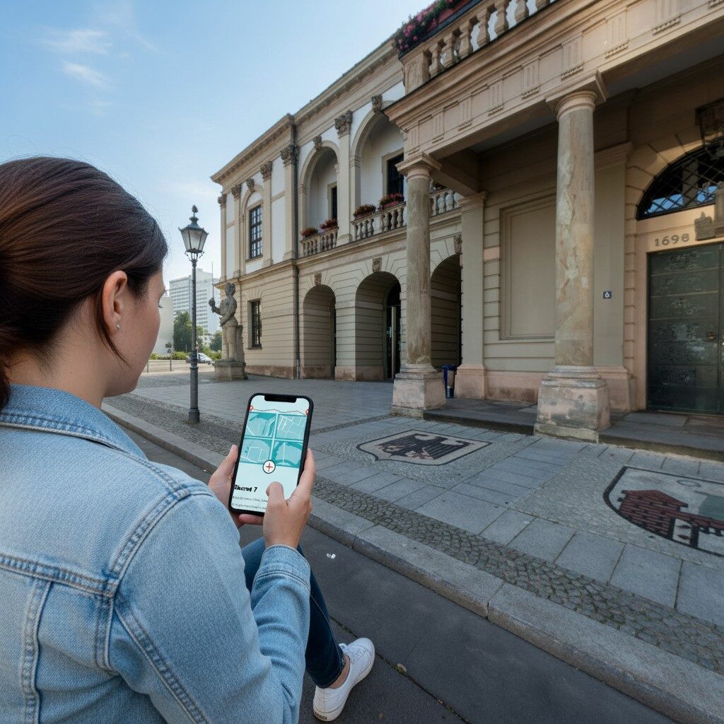 A woman sits on a curb in Magdeburg, using a map on her phone before the Landtag of Saxony-Anhalt.