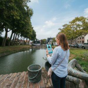 A woman plays a city game on a tablet while standing on a bridge over a canal in Schoonhoven.