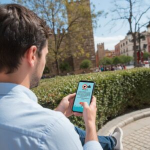 A man plays a city exploration game on his phone in a Seville park, with the Alcázar visible behind him.