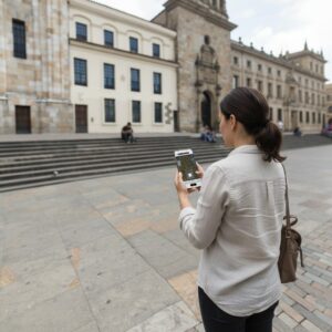 A woman stands in Plaza de Bolívar in Bogotá, playing an exploration game on her smartphone.