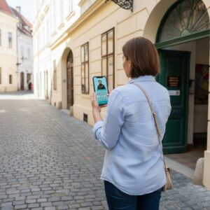 A woman stands on a cobblestone street in Timisoara, holding a smartphone displaying a city game app.