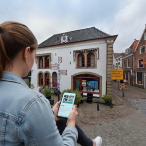 A young woman plays the Secrets of Oudewater city game on her phone in the historic center.